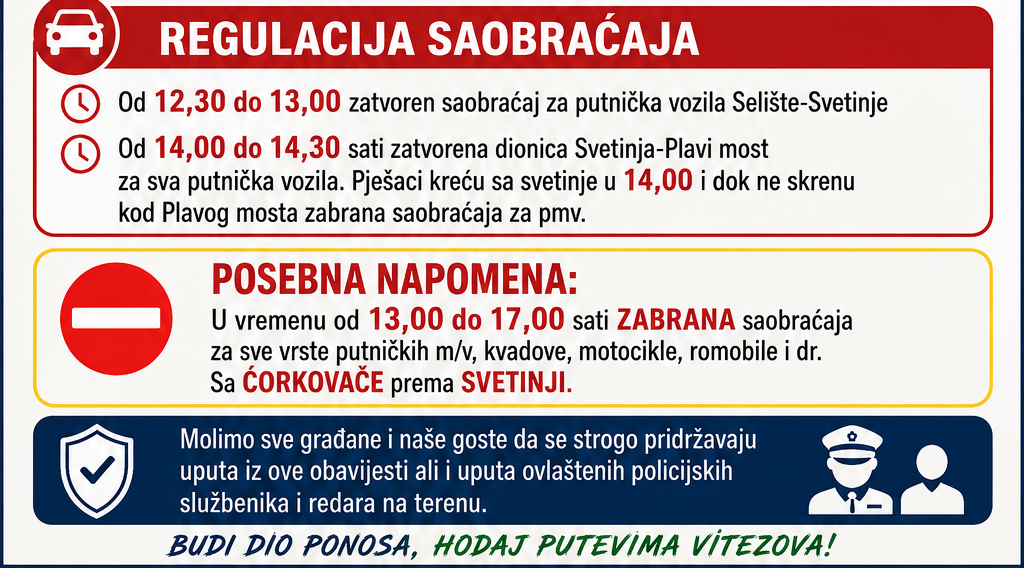 VAŽNA OBAVIJEST ZA  UČESNIKE PJEŠAČKOG MARŠA „PUTEM BUŽIMSKIH VITEZOVA“-05.08.2026.